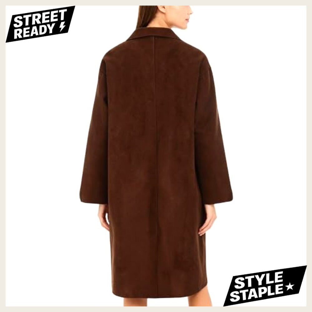 Long Wool Pea Coat Double Breasted Notched Lapel Trench Coat - Picture 2 of 7